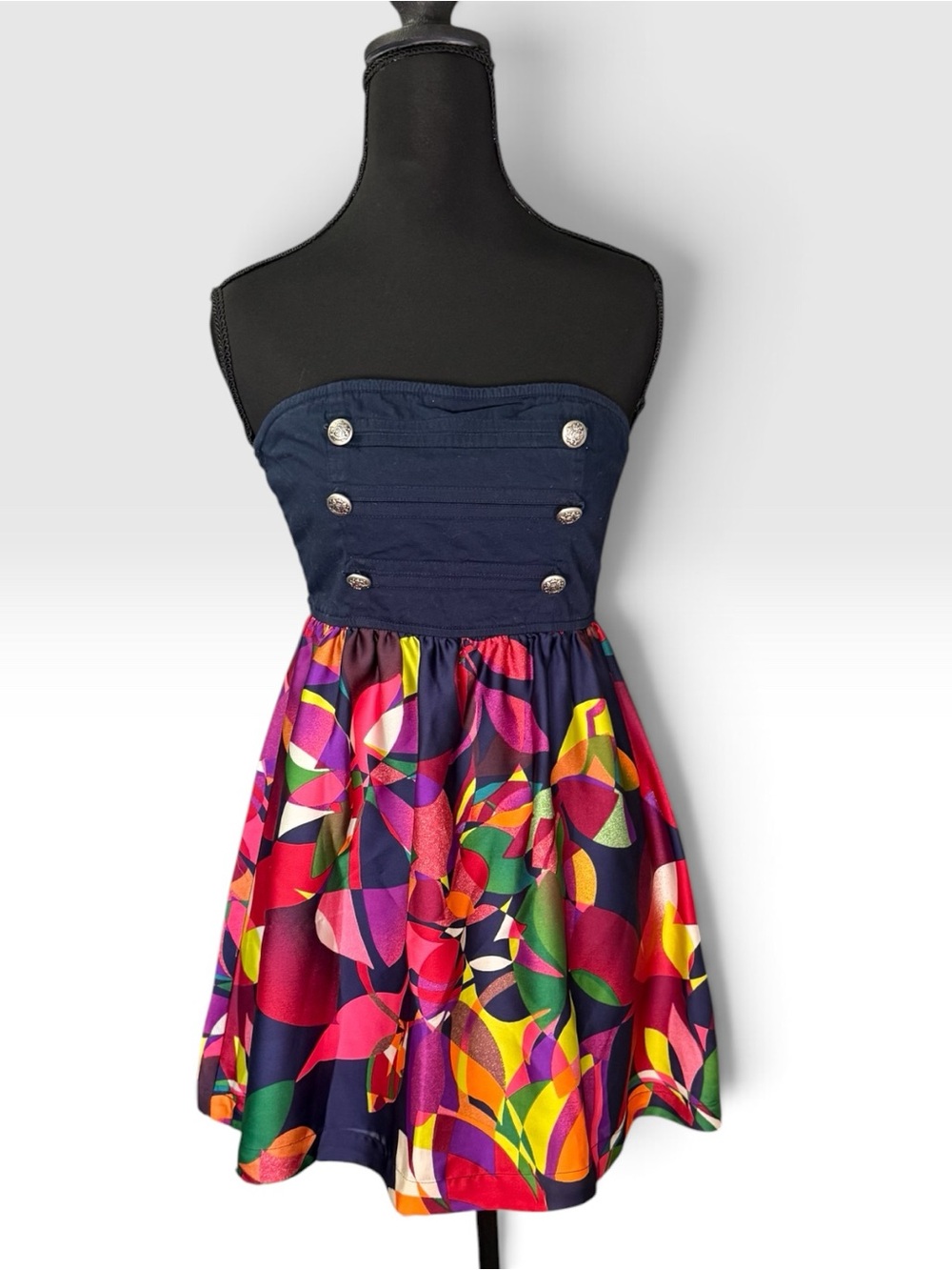 Timing Strapless Dress Small Navy Multicolor Abstract Fit Flare Military Buttons